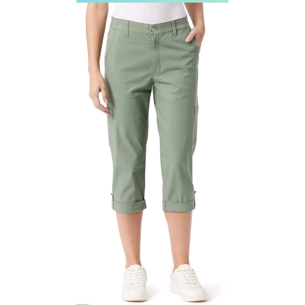 Gloria Vanderbilt Women's Cargo Capri Tab Roll Cuff Cotton Green Size 12